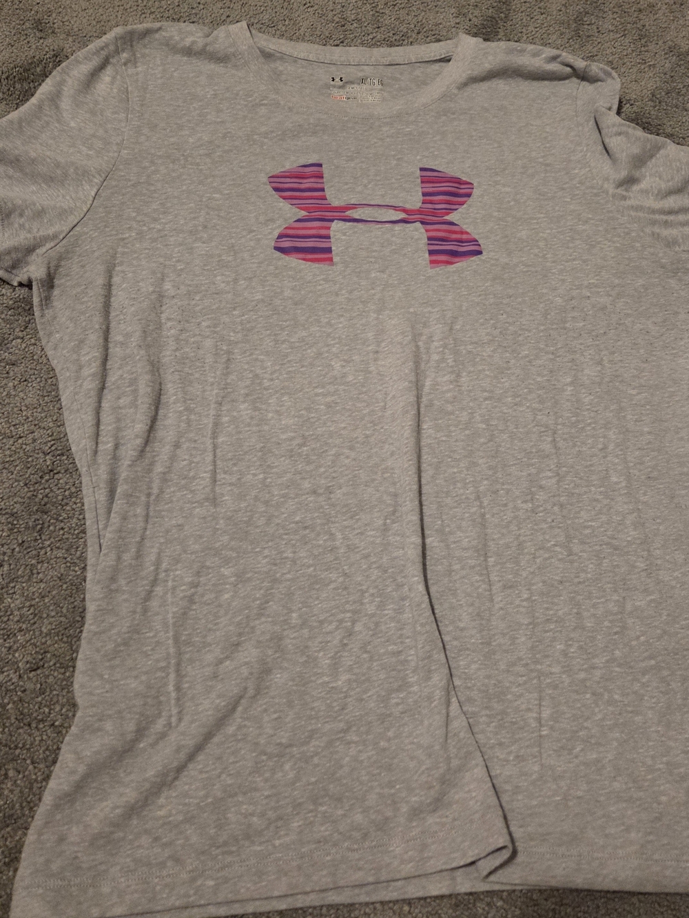 Under Armour Light Gray Tee with Pink & Purple Striped Logo - Picture 2 of 5